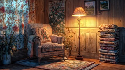 Obraz premium A cozy corner in a farmhouse with a vintage armchair, a stack of old quilts, and a floor lamp casting a warm glow over a needlepoint rug