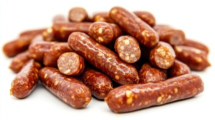 A pile of cocktail sausages neatly arranged on a white background, emphasizing their golden brown color and bite-sized appeal for party or snack ideas.