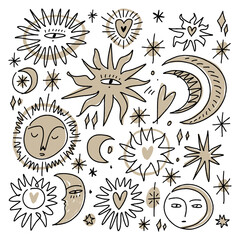 Space bundle of stylish freaky cool funny doodle stellar characters. Moons, suns and planets. Vintage astrology and astronomy concept. Hand-drawn set antique poster or pint clipart collection.