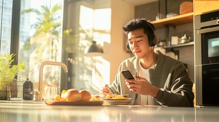 A young man is seated at a kitchen table, eating a meal while looking at his phone. He is wearing headphones and is sitting in front of a window with sunlight streaming in.