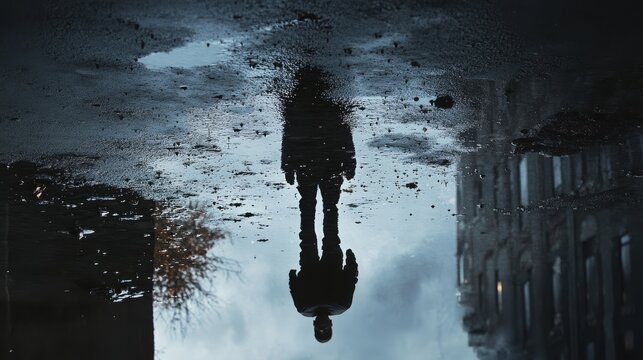 A solitary man is seen walking through a cityscape, his silhouette mirrored in a dark puddle, creating a contrast with the cloudy atmosphere above