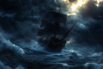 Fototapeta premium Majestic Pirate Ship Navigates Stormy Seas, Black Sails Straining Against Howling Winds