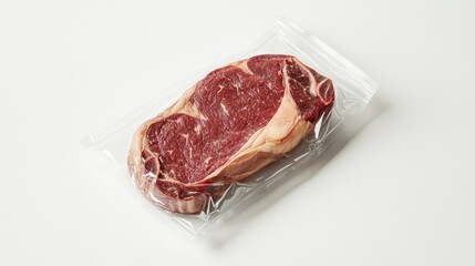 A premium ribeye steak sealed in transparent packaging, displayed against a white background, showcasing marbling and freshness perfect for retail or food presentation.