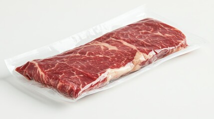 Obraz premium A premium tri-tip cut sealed in vacuum packaging, displayed on a white background, showcasing its marbling and freshness for retail or butcher displays.