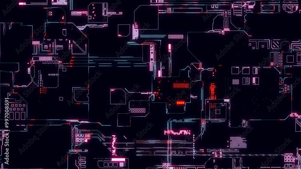 Poster printed circuit board. visualization of printed circuit board processor chip, digitalization of neur