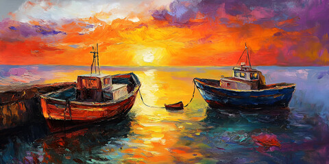 Obraz premium Serene Sunset with Rowboat on Calm Waters