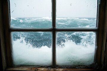 Sea Spray from Crashing Waves Coats Window, Obscuring View of Tumultuous Ocean Beyond
