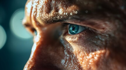 Close-up of Sweaty Man's Eye with Blue Iris, Focused on Determination