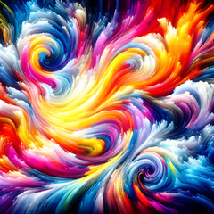 A vivid display of swirling, multicolored paint strokes creating a dynamic abstract pattern. The image is filled with energy, flow, and vibrant hues.