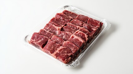Fototapeta premium Brisket in airtight packaging with a label, arranged on a clean white background, perfect for retail display of premium meat cuts.