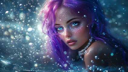 art mermaid,sea princess, lady, model,on the background of bubbles and the sea, glitter, in the sea