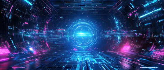 Fototapeta premium Futuristic abstract HUD digital display glowing blue neon cyberpunk technology background wallpaper AI generated image