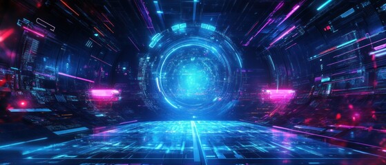 Obraz premium Futuristic abstract HUD digital display glowing blue neon cyberpunk technology background wallpaper AI generated image