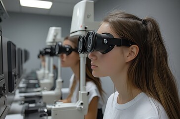 Girl undergoing a vision test in a modern clinic with two circular lenses shown on a computer screen