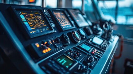 Obraz premium Close-up of a boat's control panel with digital displays and navigation systems, emphasizing the advanced technology used for marine operations.