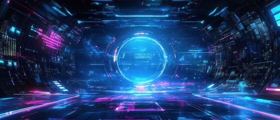 Futuristic abstract HUD digital display glowing blue neon cyberpunk technology background wallpaper AI generated image