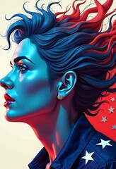 Naklejka premium A woman with blue hair and red lips is shown with a starry background
