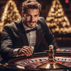 Handsome young man playing roulette in casino. Casino theme.