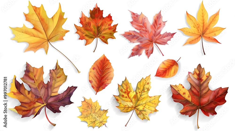 Wall mural Fall and autumn leaves isolated on a white background collection
