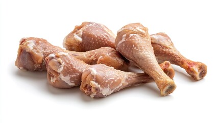 Close-up of raw turkey drumsticks placed on a white background, perfect for showcasing high-quality poultry for meal preparation.