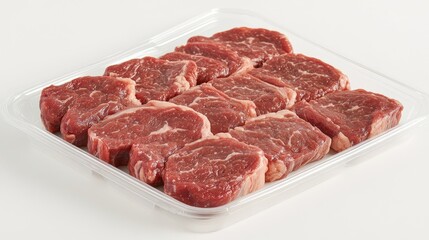 Fototapeta premium Fresh chuck steak in a clear plastic tray, neatly arranged on a white background, showcasing its ready-to-cook appeal for retail.