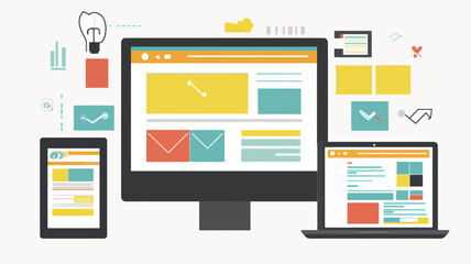 Responsive Web Design Illustration with Development and Page Construction Elements Across Various Devices with Consistent Layout for Modern Websites and Applications