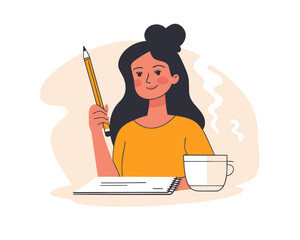 Freelance Content Writer Concept - Young Woman with Pencil and Notepad, Thinking and Writing with Coffee in Minimalist Vector