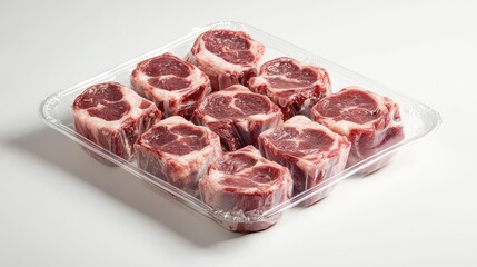 Fresh oxtail packaged in clear plastic, arranged on a clean white background, showcasing its quality and ready-to-cook appeal.