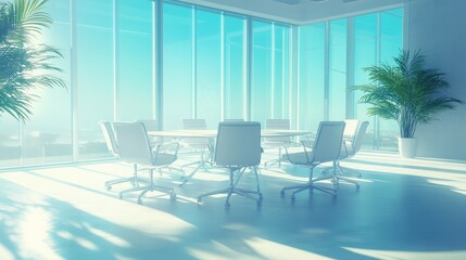 Fototapeta premium Tranquil Corporate Meeting Room with Panoramic Window Views