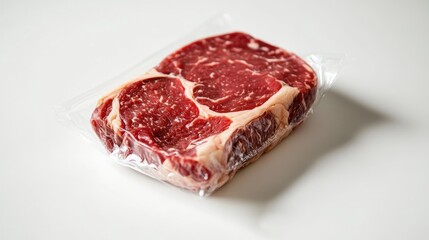 Fresh ribeye steak, neatly packed in plastic wrap with visible marbling, displayed on a simple white background, highlighting product freshness.