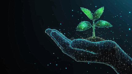 Low Poly Wireframe Hands Protecting Sprout, Abstract Digital Art, Conservation and Environmental Care Concept, 3D Effect, Minimalist SVG Vector Illustrating Human Efforts for Nature Preservation