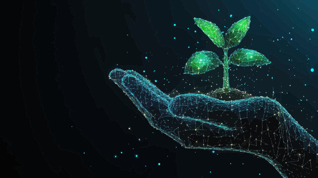 Low Poly Wireframe Hands Protecting Sprout, Abstract Digital Art, Conservation and Environmental Care Concept, 3D Effect, Minimalist SVG Vector Illustrating Human Efforts for Nature Preservation