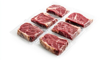 Fototapeta premium Fresh sirloin steak in clear plastic packaging, arranged on a white background, perfect for grocery or meat market promotions.