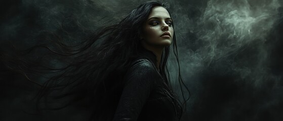 Fototapeta premium Woman in a dark mysterious and scary black costume background wallpaper AI generated image