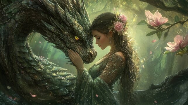 An elf queen fantasy daughter befriends and hugs a dragon background wallpaper AI generated image