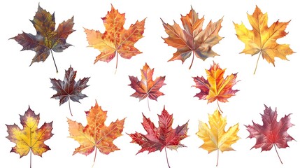 Fototapeta premium Colorful autumn leaves set isolated on white background ai generative
