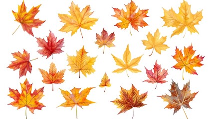 Fototapeta premium Colorful autumn leaves set isolated on white background ai generative