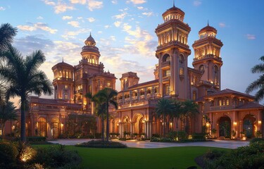Elegant hotel view at dusk with glowing lights and palm trees in front of ornate facade