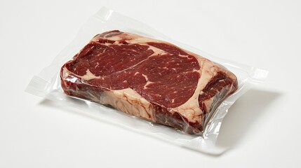 Packaged chuck steak in vacuum-sealed plastic, placed on a white background, highlighting its marbling and ready-to-cook freshness for a retail setting.