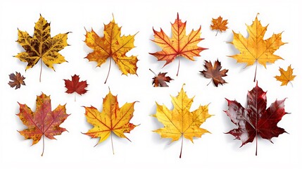 Fototapeta premium Colorful autumn leaves set isolated on white background ai generative