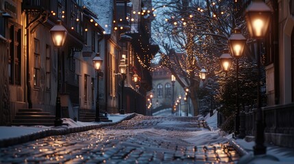 Glowing lanterns lining snow-covered cobblestone street