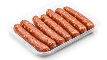 Packaged gourmet sausages in a clear plastic tray, with a white label, set on a white background, emphasizing the product premium quality and cleanliness.