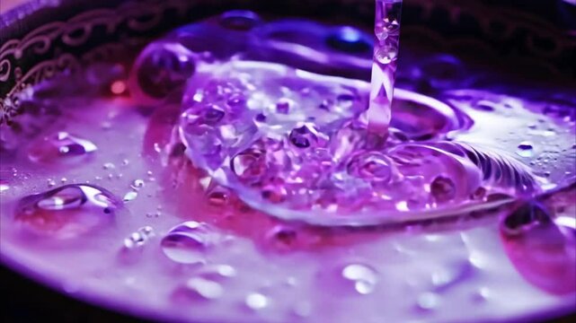 Horizontal Halloween video, cauldron with boiling purple magic potion