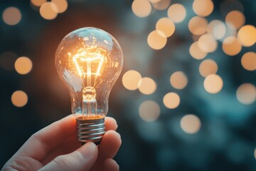 Bright Idea with Glowing Light Bulb and Bokeh Background