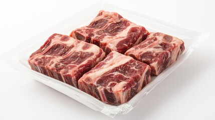 Packaged short ribs with visible marbling, set against a white background, highlighting their ready-to-cook and gourmet appeal.