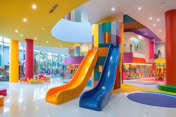 A joyful indoor play area for children, filled with vibrant colors, slides, and playful activities.