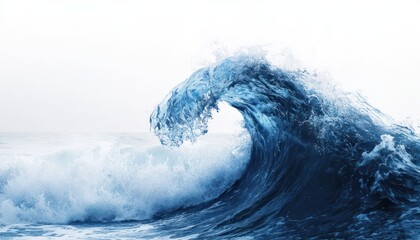 Obraz premium A large, stormy sea wave captured in deep blue, isolated against a white background to emphasize the power and mood of the ocean