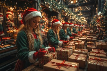 A Santa's gift factory, where adult women and men elves are packing gifts into festive boxes....