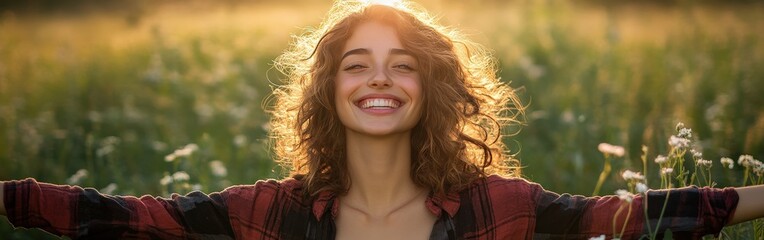 Fototapeta premium Happy woman with arms open in a sunlit meadow, enjoying nature and freedom