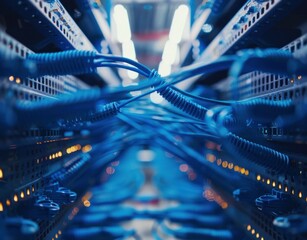 Close up of blue network cables in a server room with blurred lights in the background, illustrating technology and connectivity